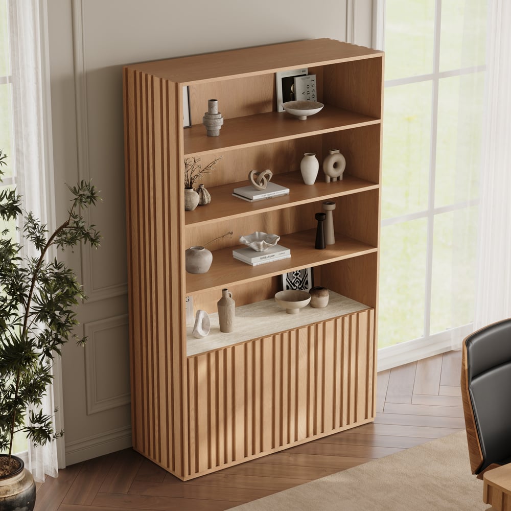 Aura 120cm Boekenkast van Essenhout met Gegroefde Details en Blad van Sintersteen Vensterafbeelding