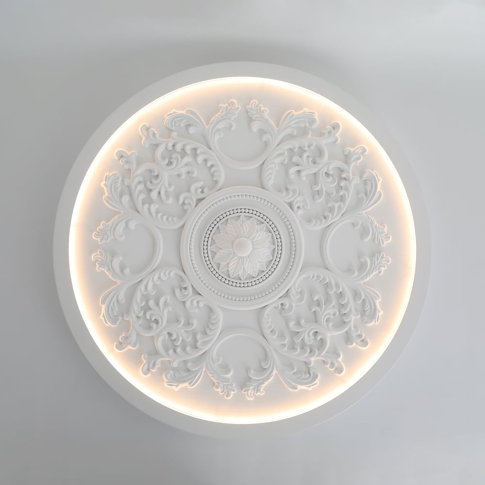 French Elegant White Resin 3D Carved LED 3-Mode Dimmable Flush Mount Ceiling Light window image