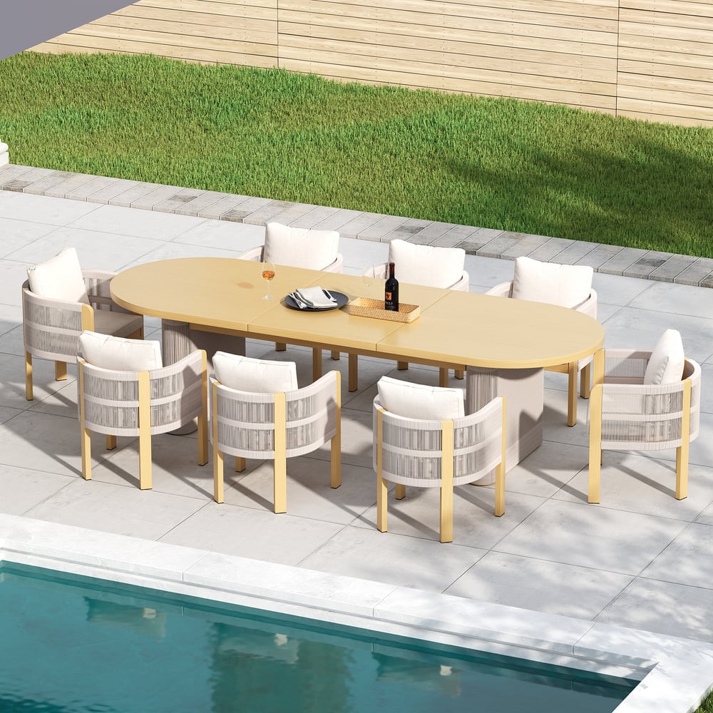 Costra 9-Piece Outdoor Aluminum & Rope Extendable Dining Set with 8 Chairs window image