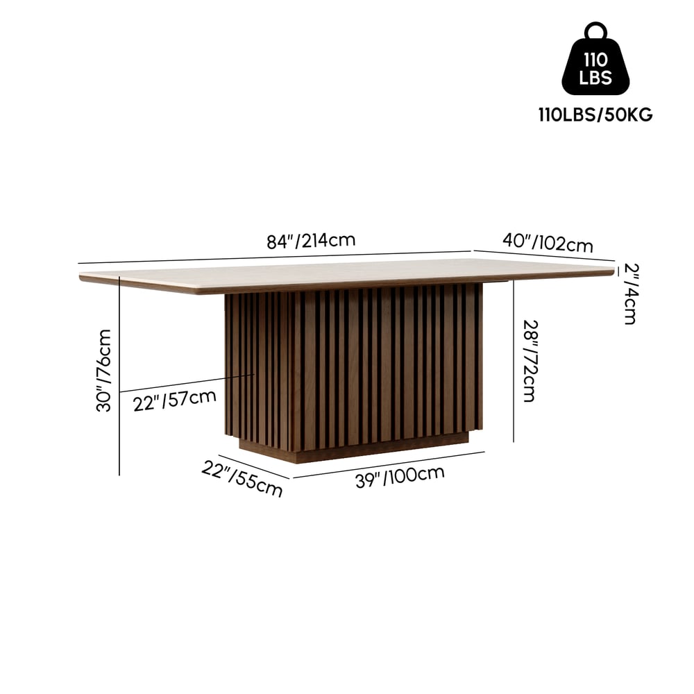 84" Faux Travertine Rectangular Dining Table with Sintered Stone Top, Seat 8 weights dimensions image