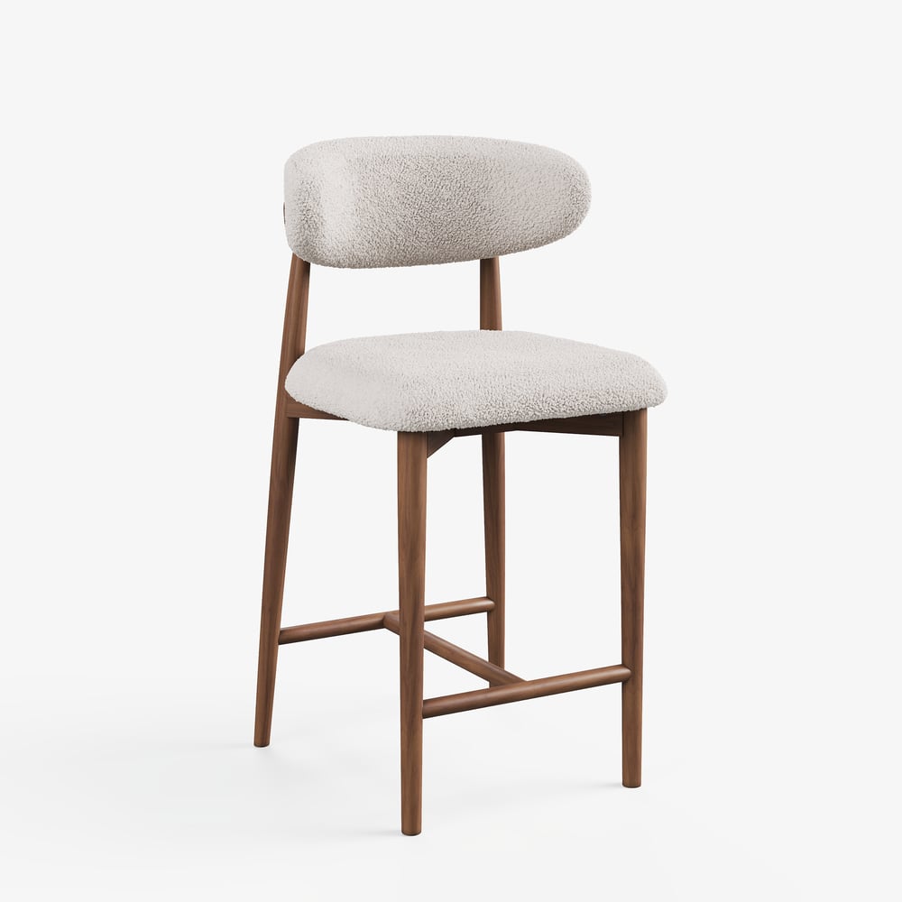 Modern Walnut Boucle Counter Stool with Wooden Legs, 1 Piece window image