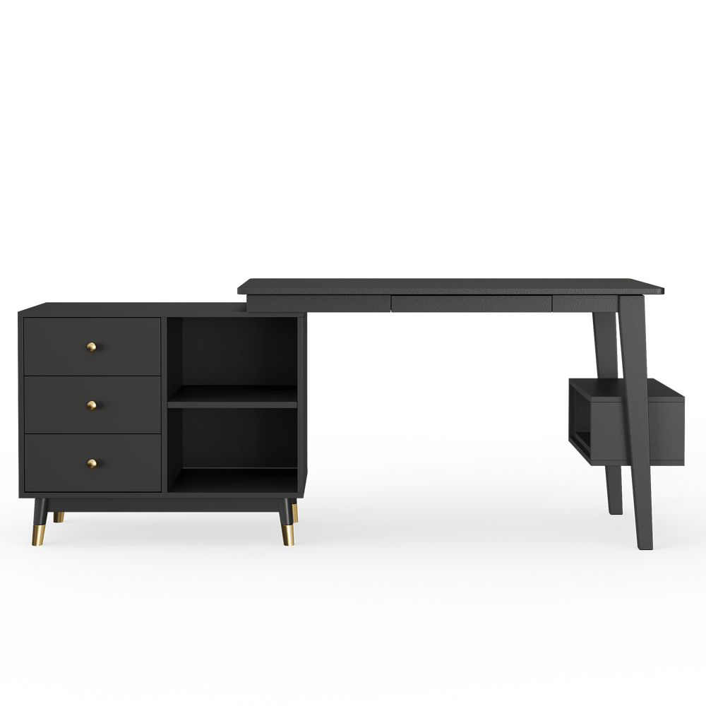 Ultic Matte Black L Shaped Home Office Desk & Faux Leather Office Chair Set with Wheels window image