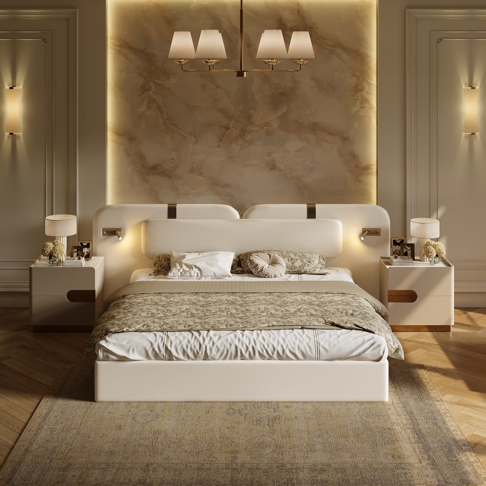 Modern King Size Faux Leather Bed with Wide Headboard Bed & Integrated Lighting window image