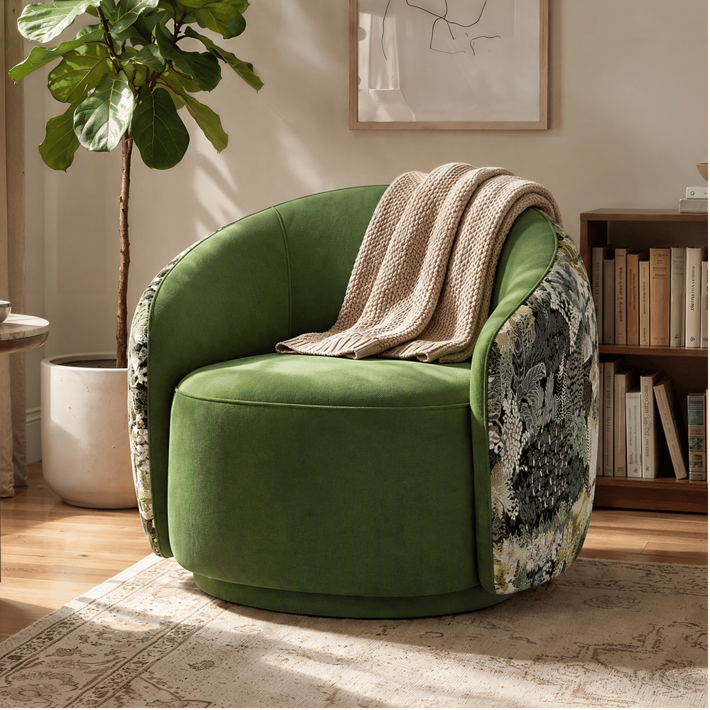 Performance Velvet 360° Swivel Barrel Accent Chair window image