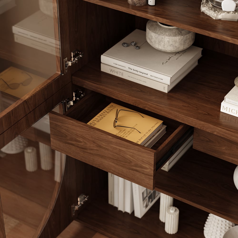 Arune Glass Tall Display Cabinet with Drawers & LED Light window image