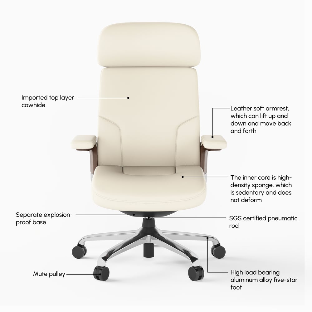 Ivory Genuine Leather Swivel Office Chair with Ergonomic Synchro-Tilt Recline System window image