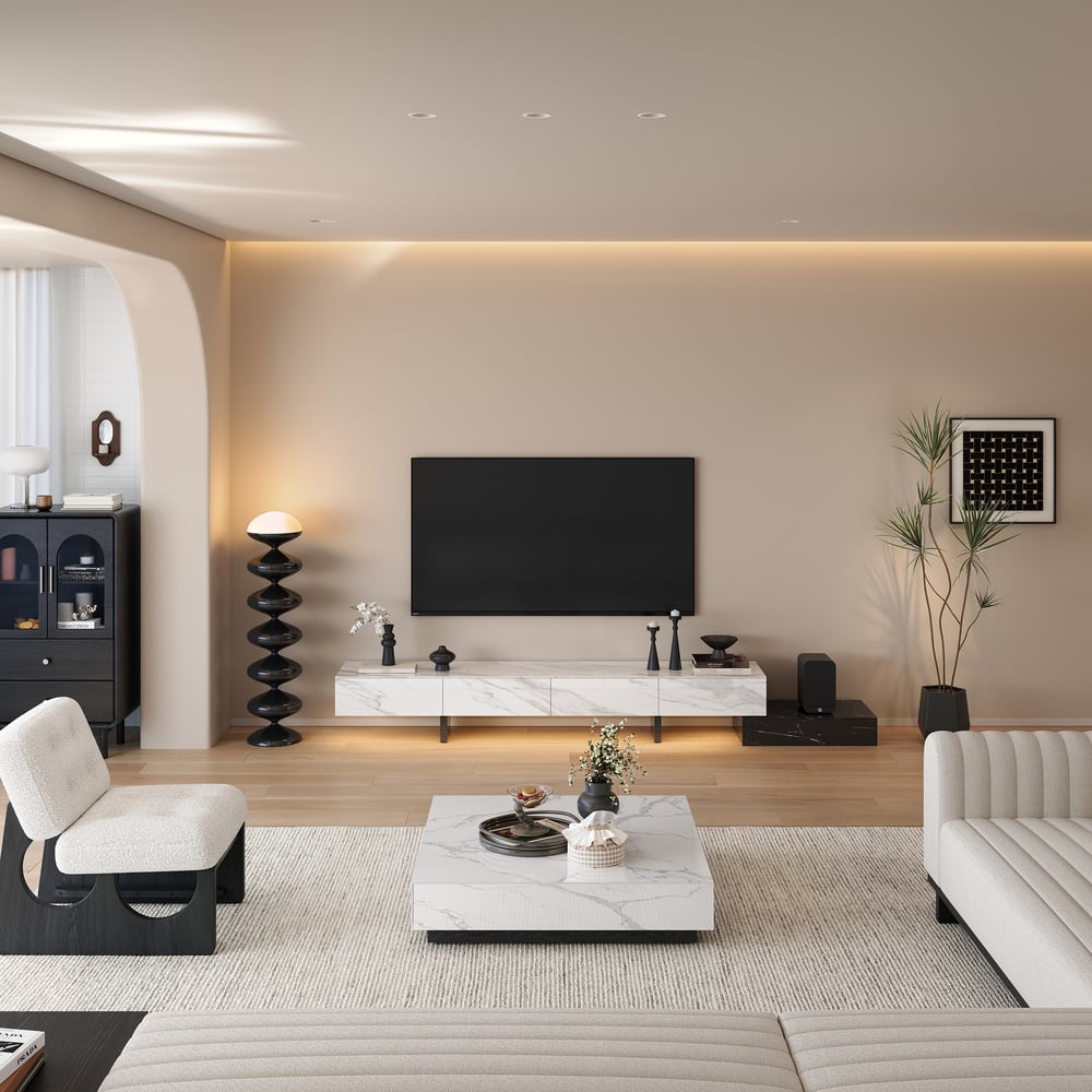 Meuble TV extensible de 87"-106" avec plateau en pierre frittée et 5 tiroirs image de fenêtre