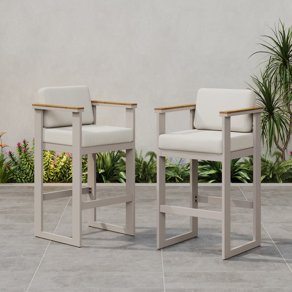 Tevara Outdoor Aluminum Frame & Teak Wood Armrest Bar Stools in Sand, Set of 2 window image