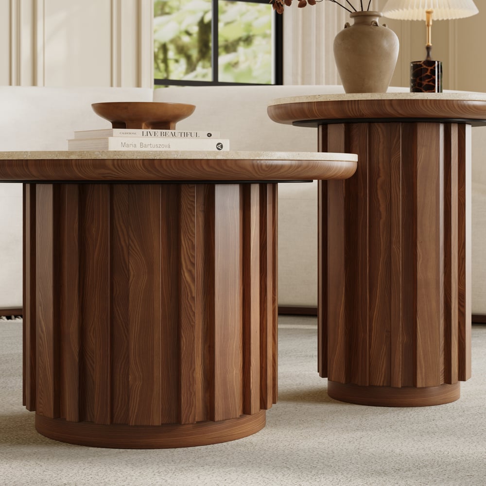 Aura 2 Piece Set Ash Wood Slatted  Round Coffee Table with Sintered Stone Top(20" - 28") window image