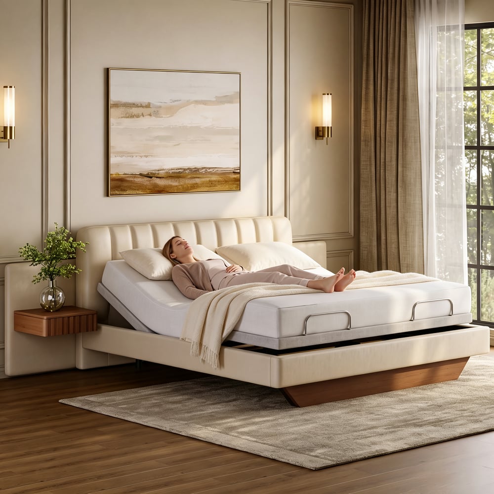 Genuine Leather Smart Bed Set With Adjustable Base And 2 Storage Nightstands window image