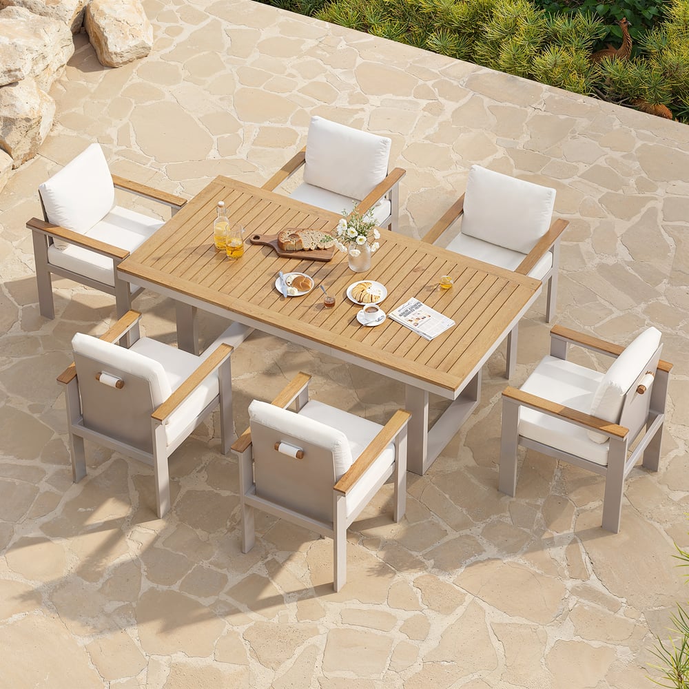 Tevara 7-Piece Rectangular Wood & Aluminium Outdoor Patio Dining Set for 6 People window image