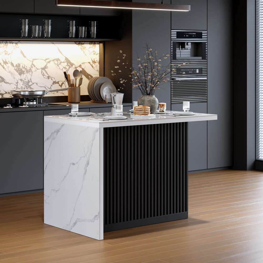 Modern 50" Glossy Sintered Stone Kitchen Island with Storage, White & Black window image