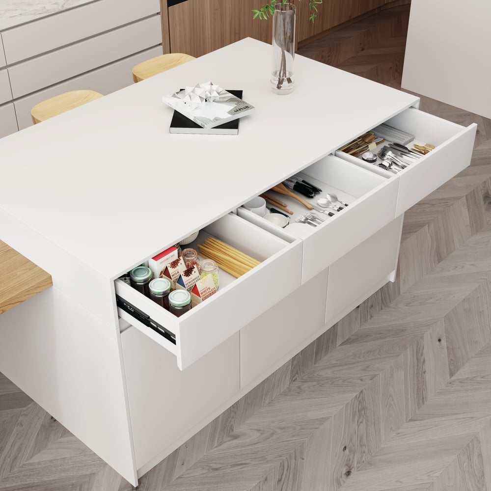 Îlot de cuisine extensible en bois de 81''-112" avec rangement, Naturel & Blanc image de fenêtre
