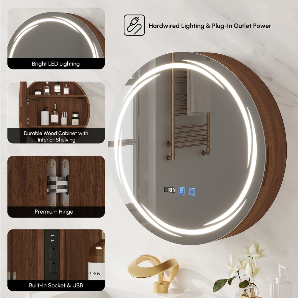 24" Round LED Walnut Medicine Cabinet with Storage, Anti-Fog, Dimmable window image