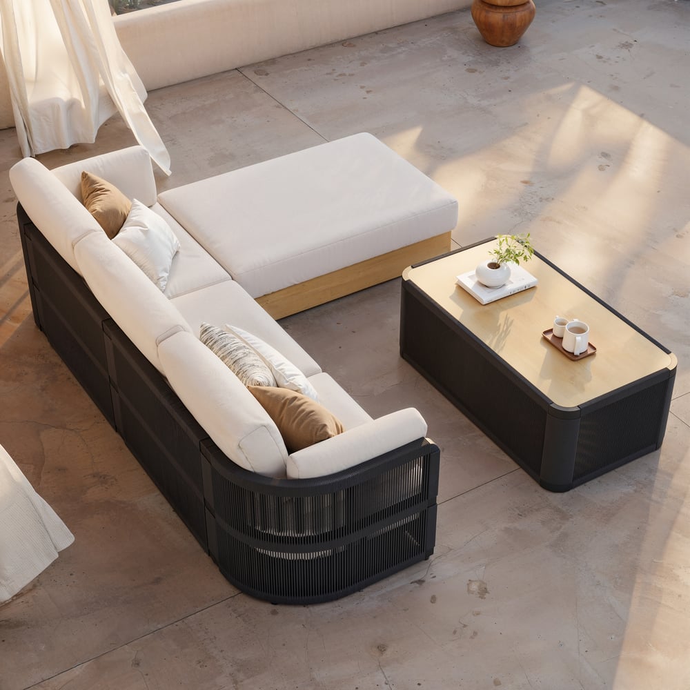 Costra Woven Outdoor Sectional Sofa Set with Adjustable Reclining Chaise and Coffee Table Black window image