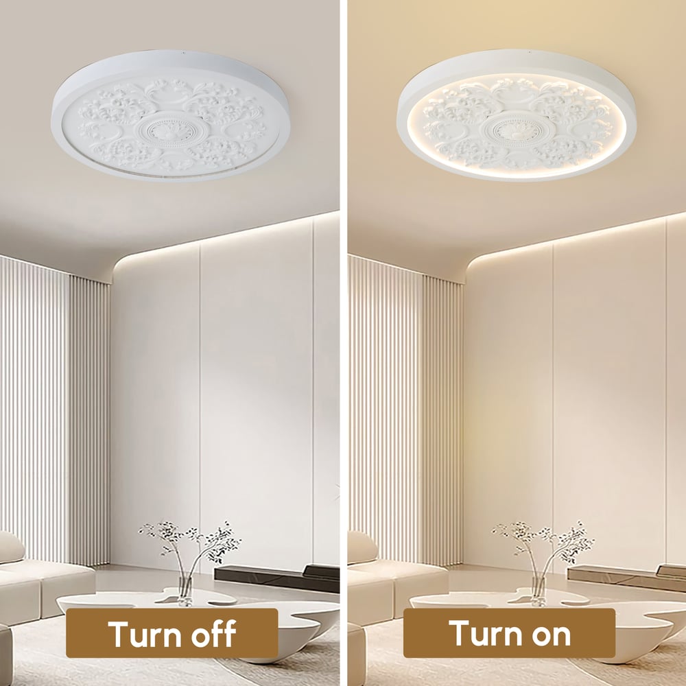 French Elegant White Resin 3D Carved LED 3-Mode Dimmable Flush Mount Ceiling Light window image