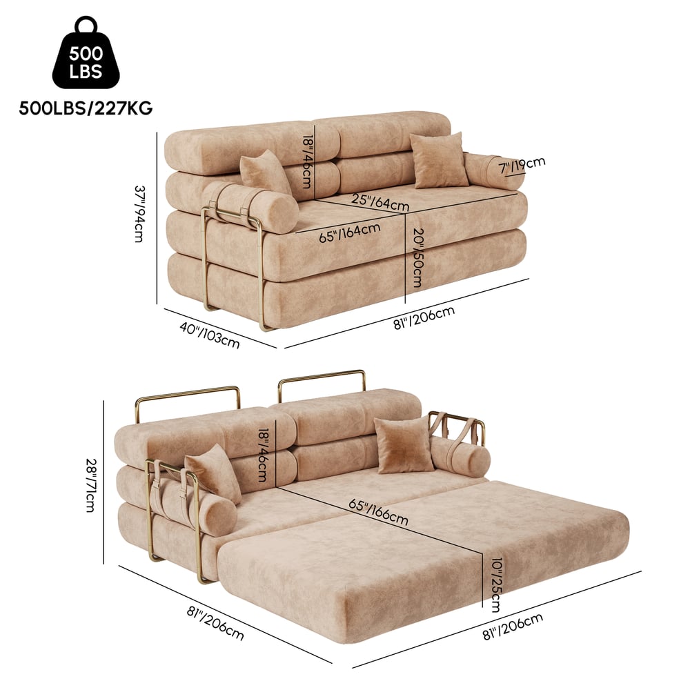 81" Queen 3-Seater Velvet 4 in 1 Futon Convertible Sleeper Sofa weights dimensions image