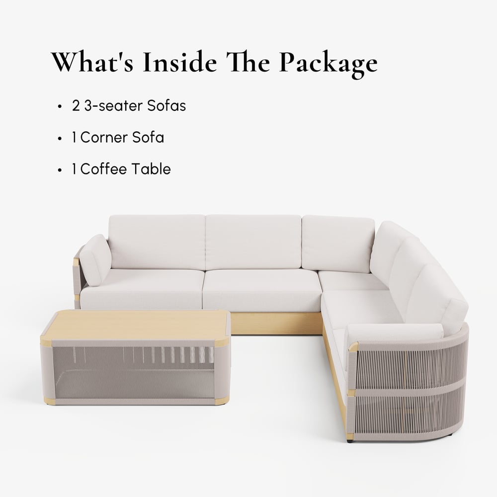 Costra Handwoven Rope L-Shaped Outdoor Sofa with Coffee Table in Ivory window image