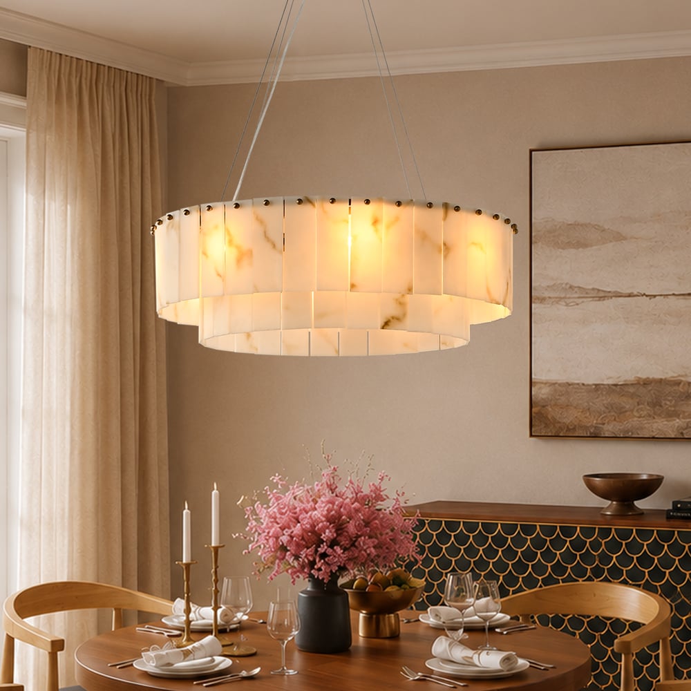 8-Light Tiered Chandelier Alabaster-Look 24" window image