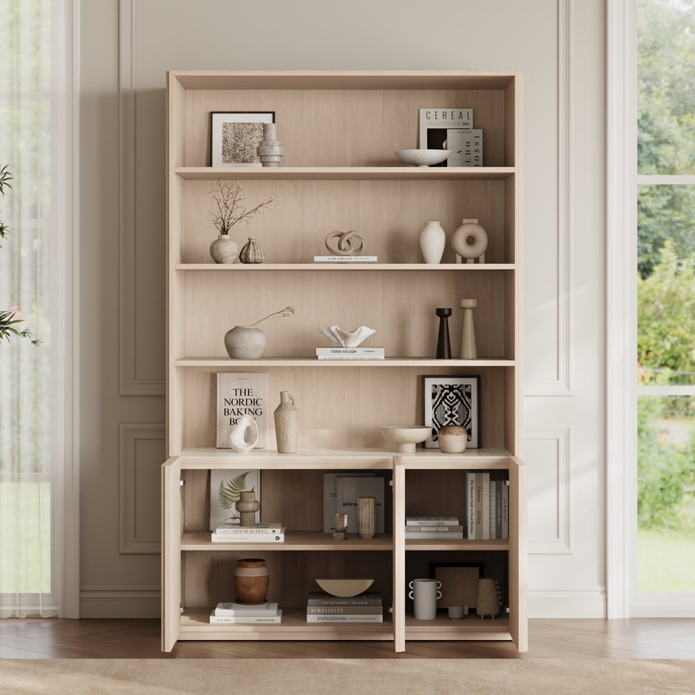 Aura 120cm Boekenkast van Essenhout met Gegroefde Details en Blad van Sintersteen Vensterafbeelding