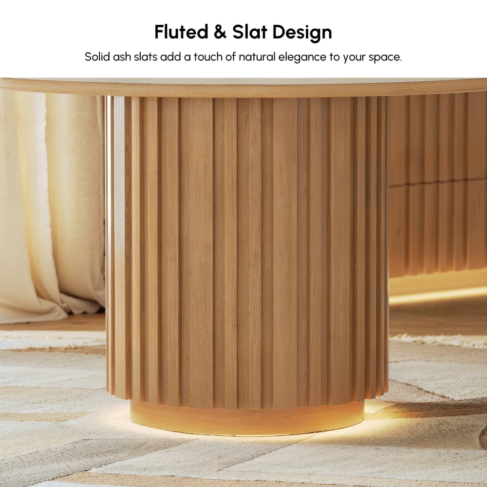 Aura 47" Round Natural Faux Travertine Sintered Stone Dining Table, Fluted Base, Seats 4 window image