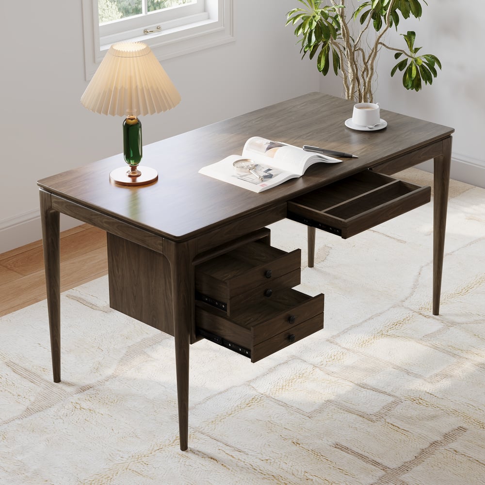 Tanic bureau 140 cm van essenhout, rookbruin, met 3 laden Vensterafbeelding
