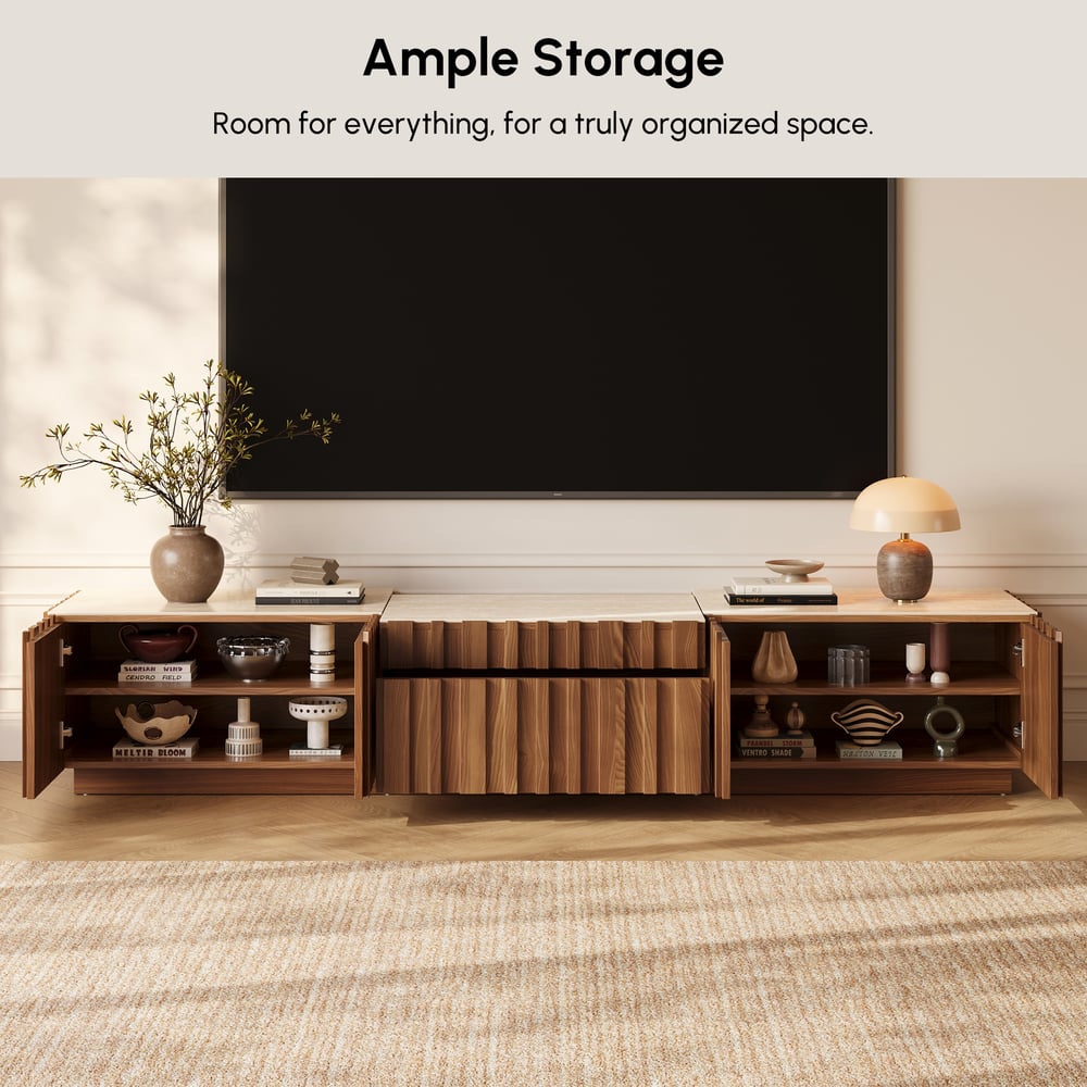 Aura 80" Ash Wood Fluted Walnut Projector TV Stand with Sintered Stone Top window image