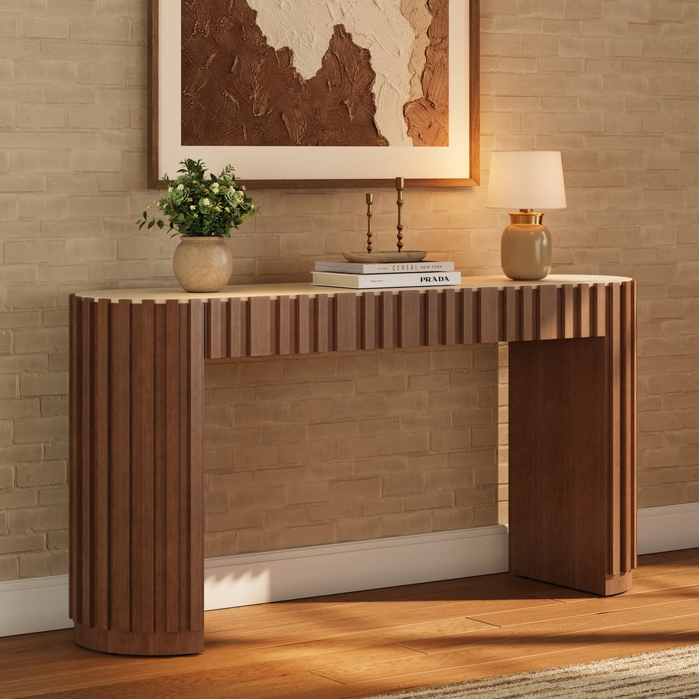 Aura 60" Ash Wood Fluted Walnut Console Table With SIntered Stone Top window image