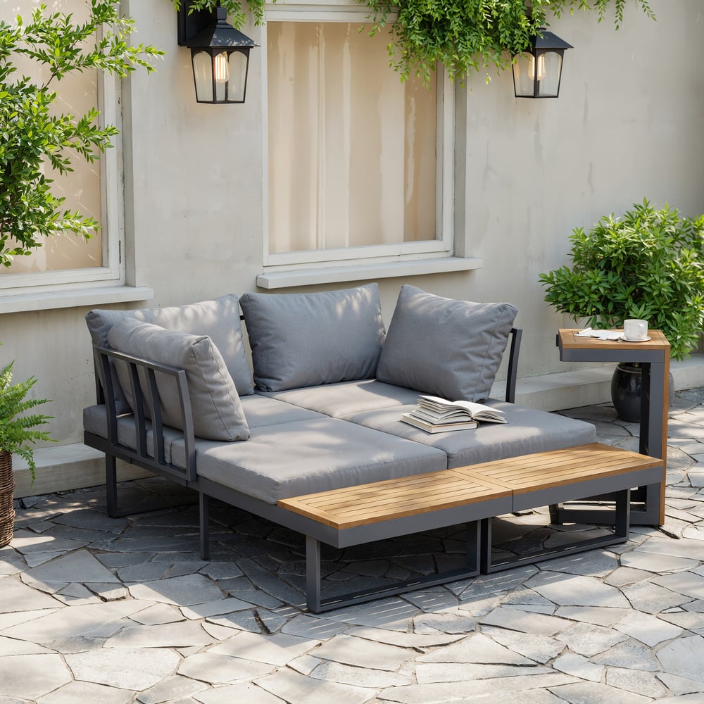 Ensemble de canapé modulaire d'extérieur Slatera en acacia et aluminium, gris foncé avec housse noire image de fenêtre