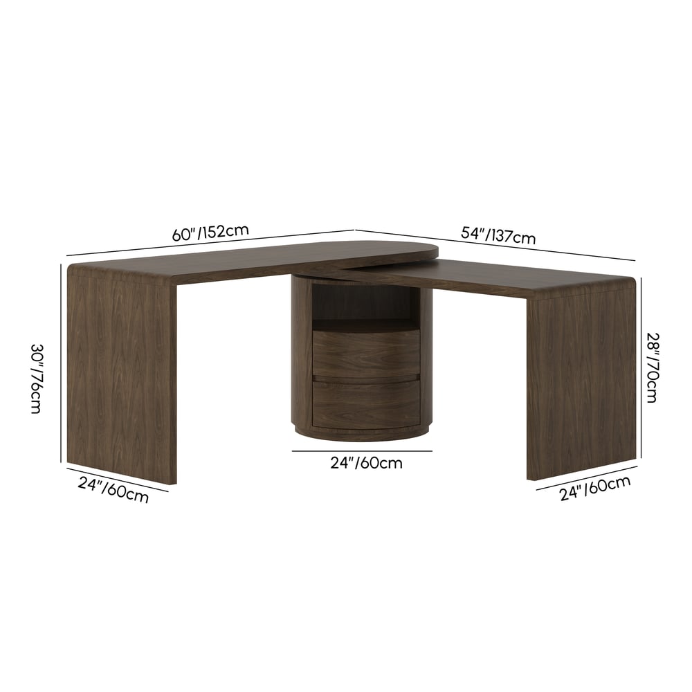 Modern 60" L-Shaped Walnut Office Desk with Drawers, Rotating Design weights dimensions image