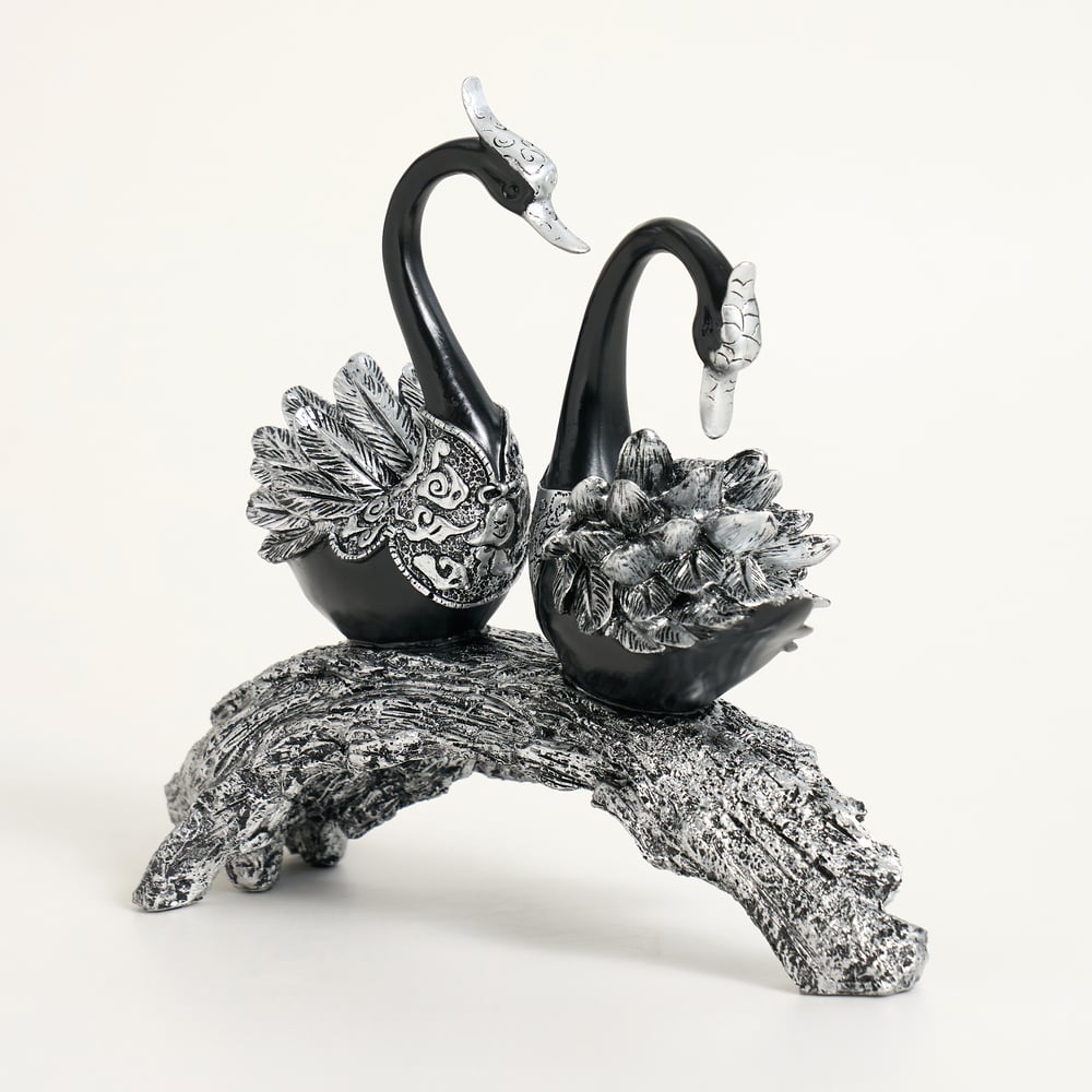 Sculpture de couple de cygnes en résine noir et argent pour décoration de table image de fenêtre