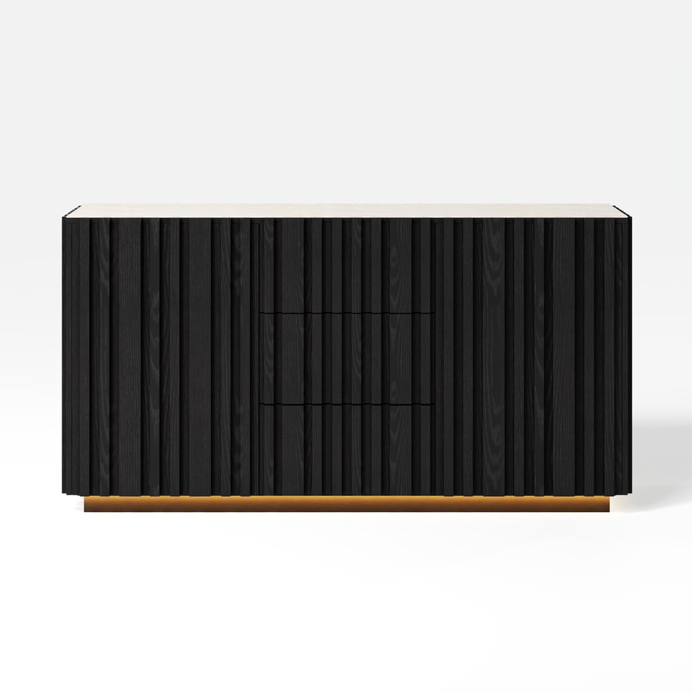 Aura 60" Black Faux Travertine Sideboard with Ash Wood Slatted Doors & LED Light window image