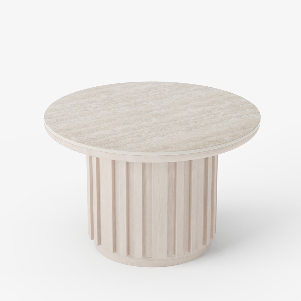 Table basse ronde à lattes en bois de frêne Aura avec plateau en pierre frittée image de fenêtre