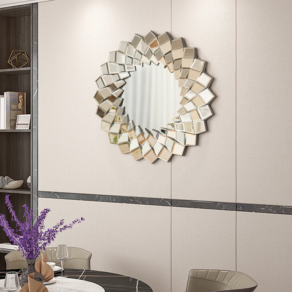 24" Diamond-Shaped Wall Mirror, Silver Round Decorative Mirror window image