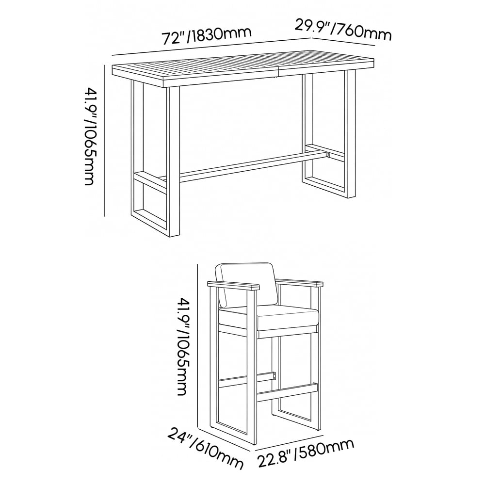 Axis 7-Piece Outdoor Teak Wood Modern Bar Dining Table Set with 6 Chairs weights dimensions image