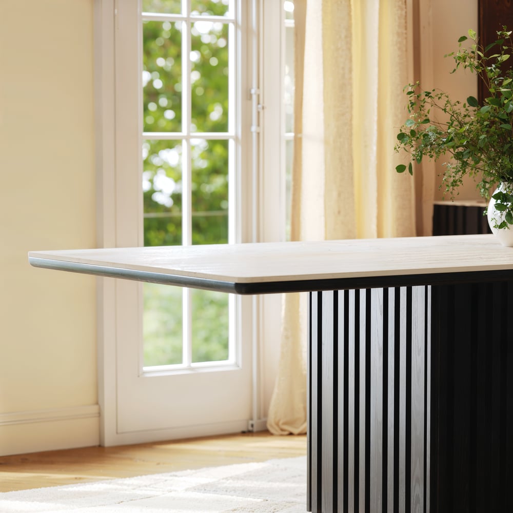 Aura 84" Rectangular Black Faux Travertine Sintered Stone Dining Table, Fluted Base, Seats 8 window image