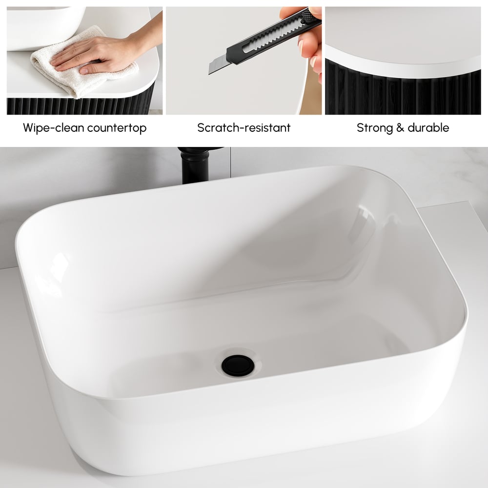80cm Fluted Freestanding Bathroom Vanity with Vessel Sink, 3-Drawers, Sintered Stone top window image