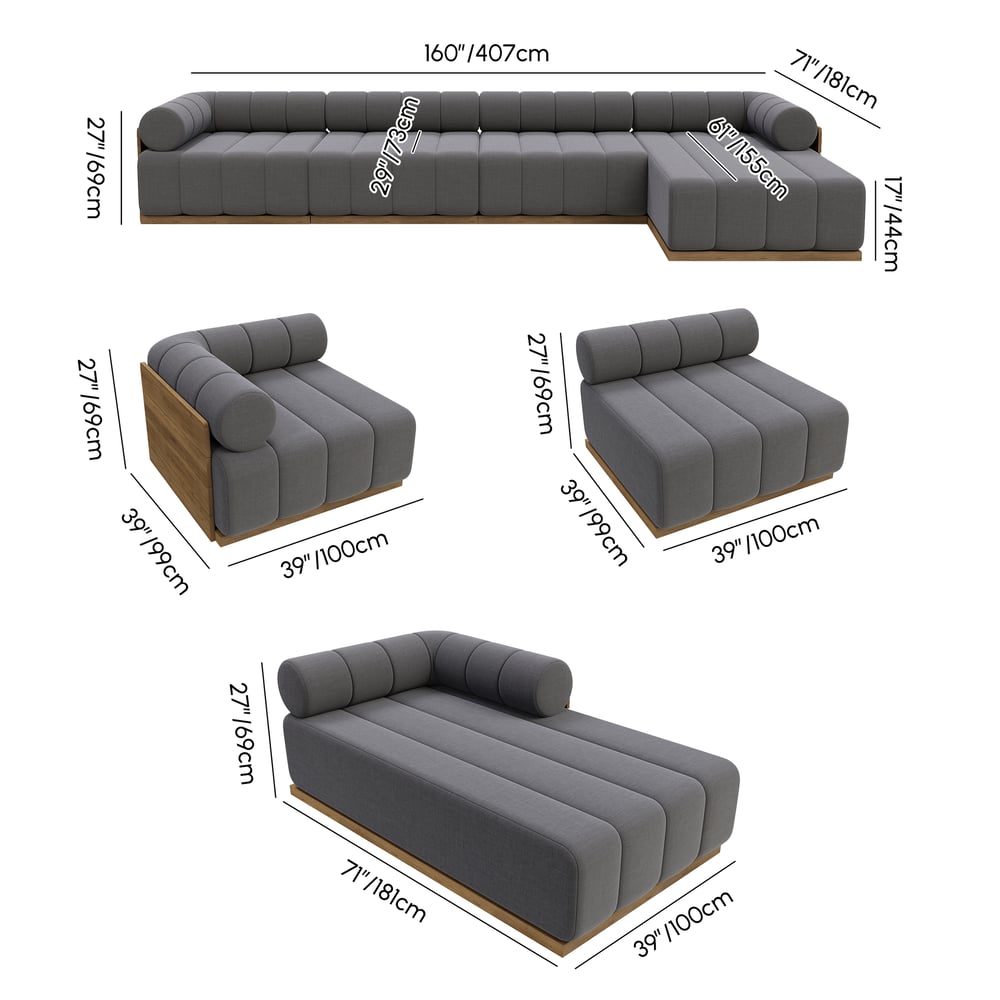 Resaro 4-delige modulaire buitenbankset van teakhout voor 5 personen in grijs Afbeelding met gewichten en afmetingen