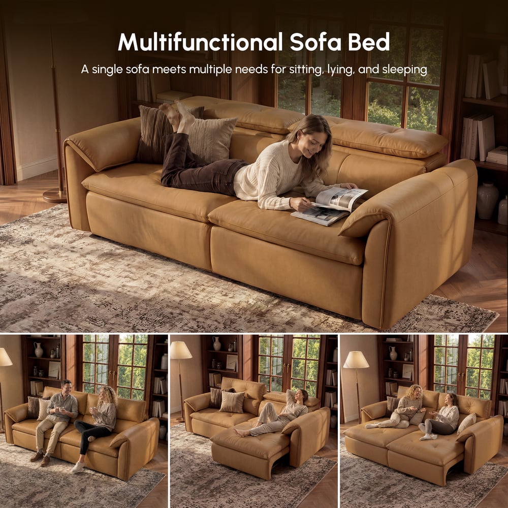 Canapé-lit convertible électrique 2 places en cuir véritable de 222 cm avec têtières réglables image de fenêtre