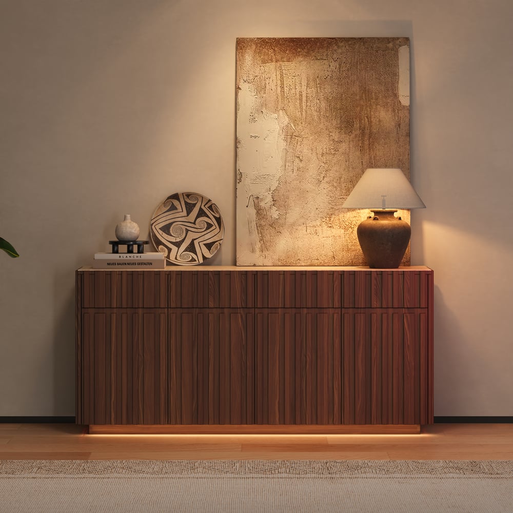 Aura 65" Ash Wood Slatted Walnut TV Stand with Sintered Stone Top window image