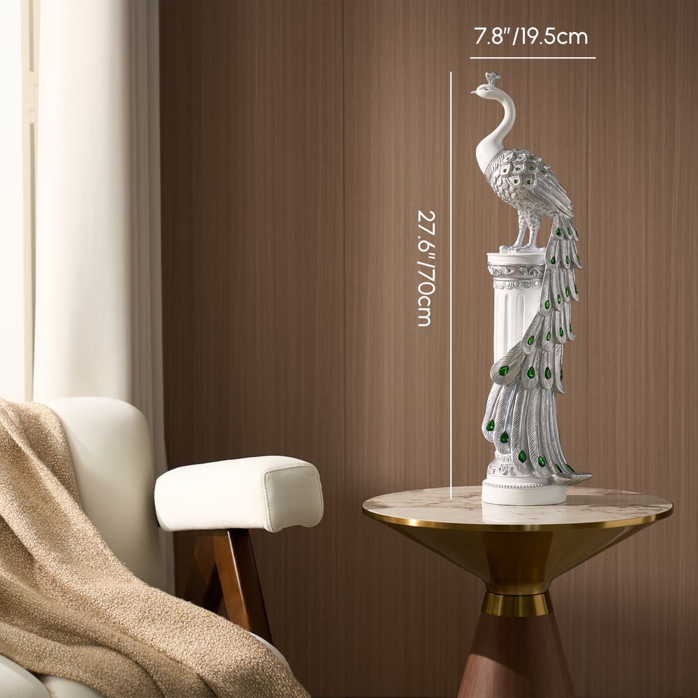 27.6" Srebrna Statua Pawia z Diamentowymi Akcentami – Luksusowa Rzeźba Pawia z Żywicy obraz wagi wymiary