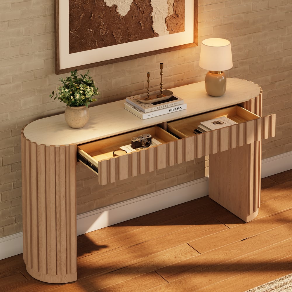 Aura 60" Ash Wood Fluted Natural Console Table With Sintered Stone Top window image