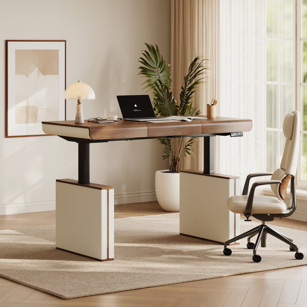 160 cm Height Adjustable Electric Standing Desk with Walnut Top and Leather-Wrapped Legs window image