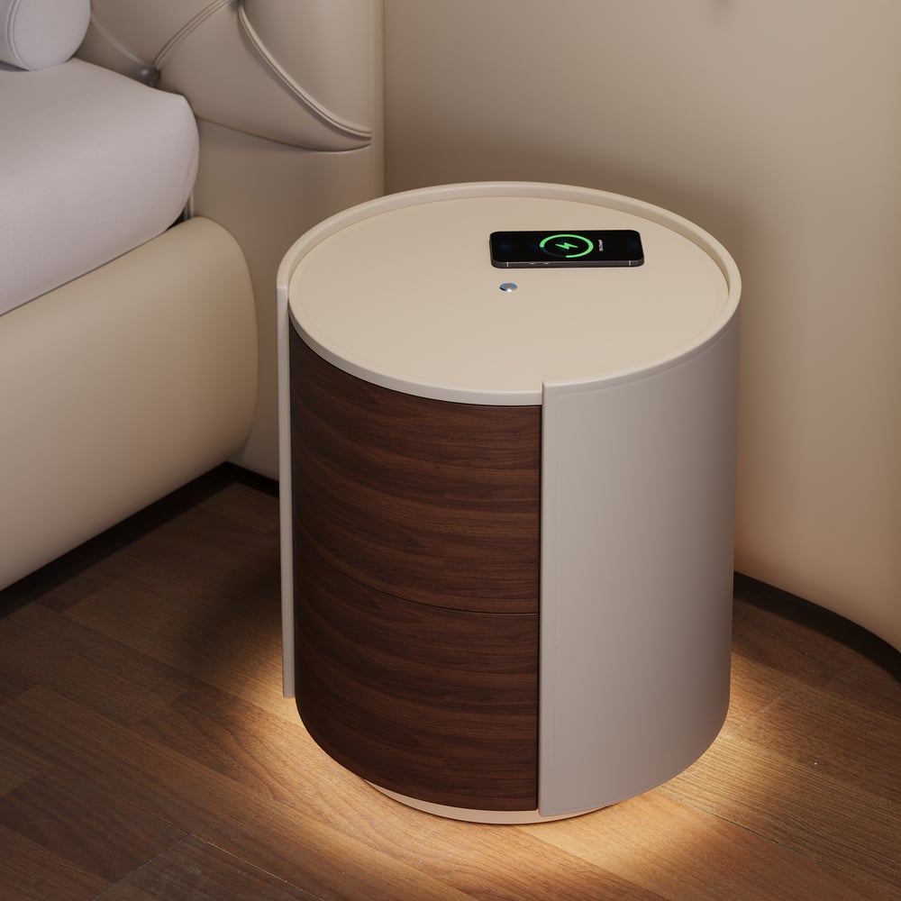 Modern Saddle Leather 2-Drawer Nightstand with Charging Station & Light window image