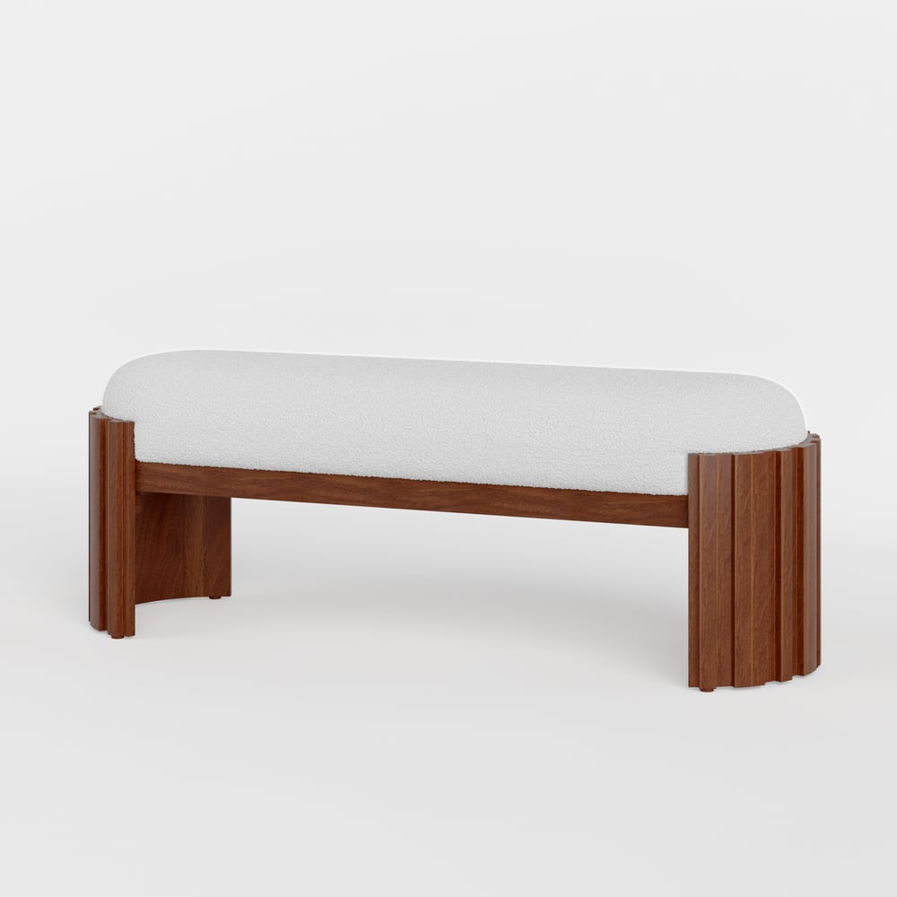 Aura 47” Walnut Wooden Boucle Upholstered Entryway Bench window image
