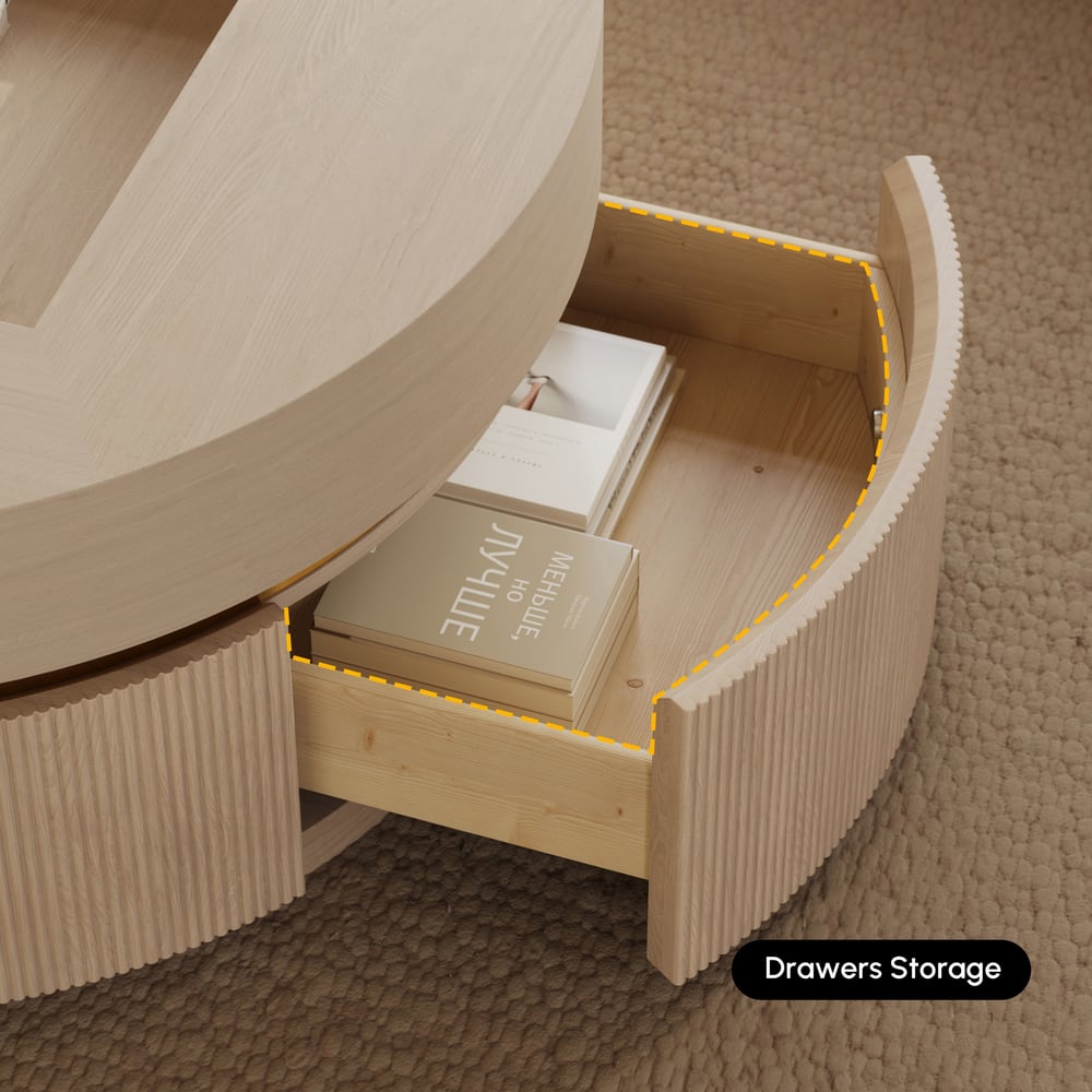 Table basse ronde à plateau relevable cannelé de 32 pouces avec 2 tiroirs image de fenêtre