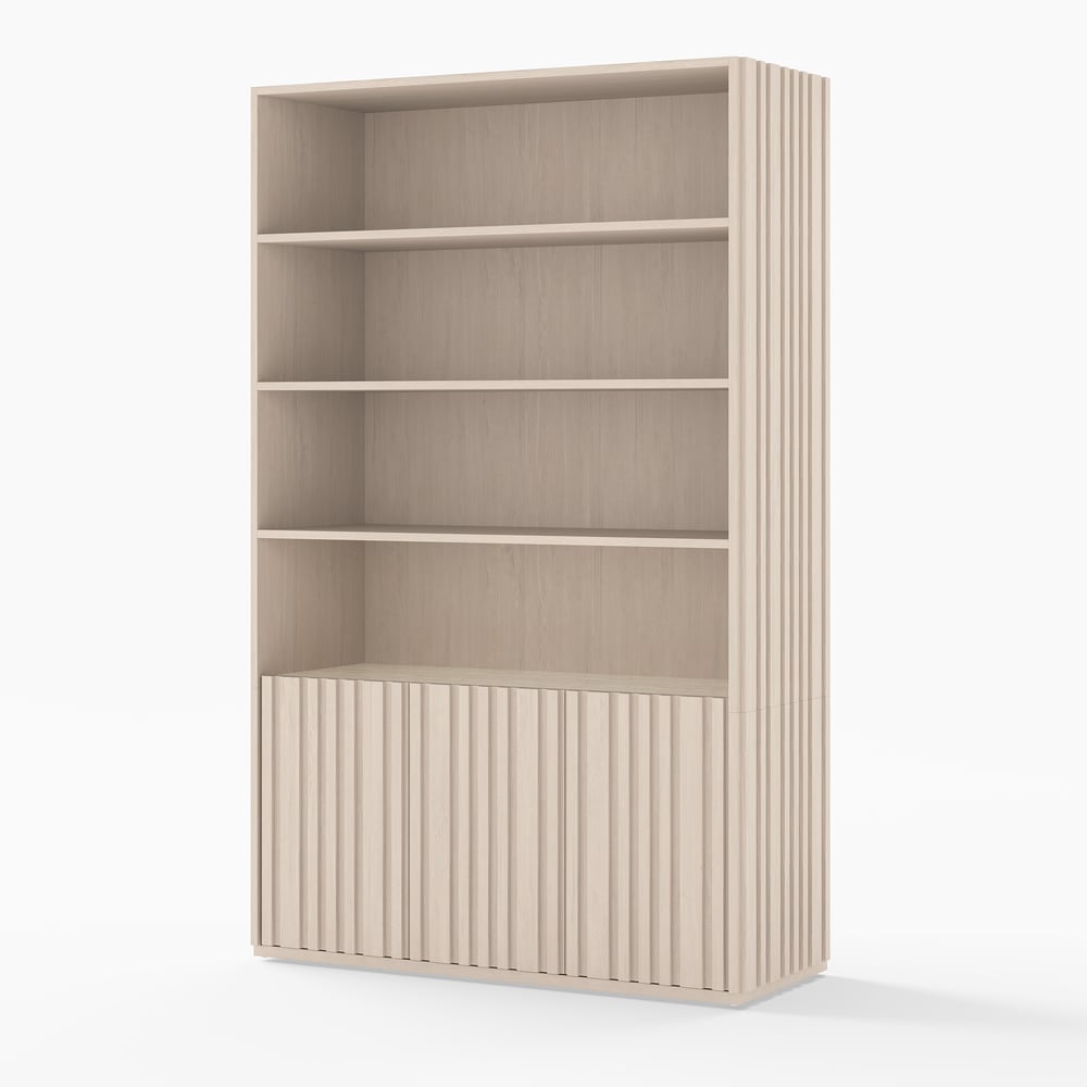 Aura 120cm Boekenkast van Essenhout met Gegroefde Details en Blad van Sintersteen Vensterafbeelding