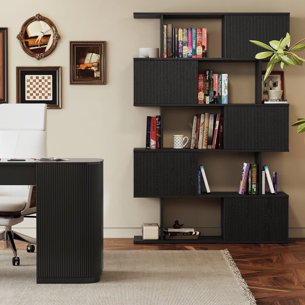 72.8" Black Sliding Door Etagere Bookshelf 5-Shelf Tall Book Shelf Rich Storage window image