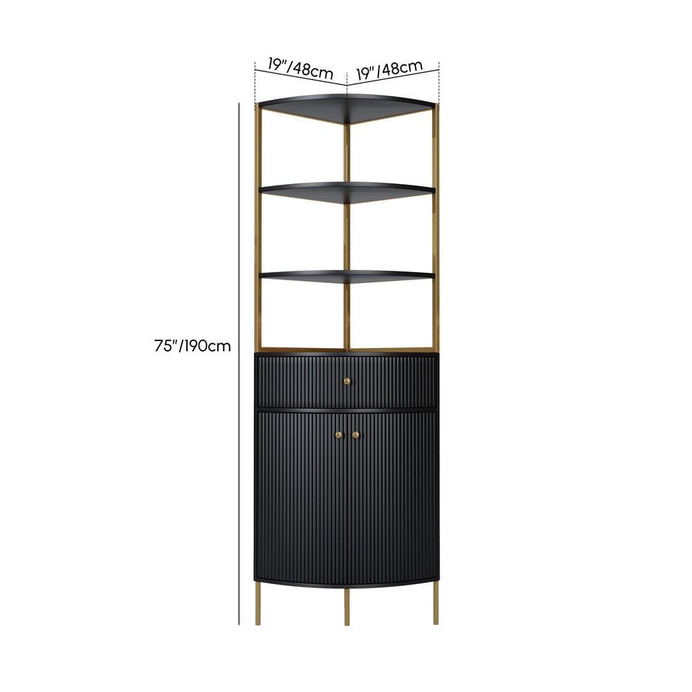 Modern 75" Black Corner Etagere Bookshelf with Drawer and 2-Door Cabinet weights dimensions image