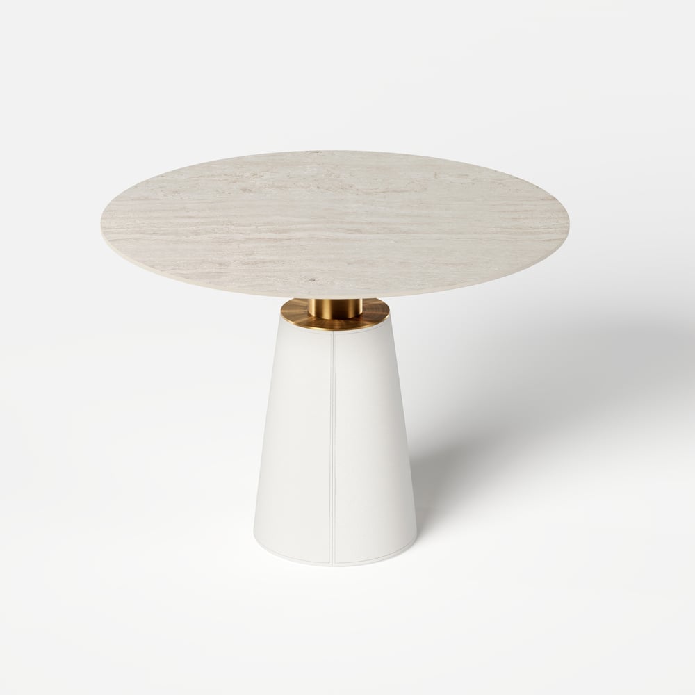 Modern 39" Round Faux Travertine Dining Table with Leather-Wrapped Base, Seats 2 window image